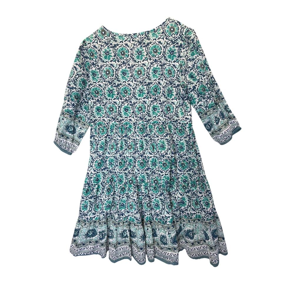 Soft Surroundings Size M Boho Floral Medallion Tunic Dress Tassel Tie Teal Green - Picture 3 of 8